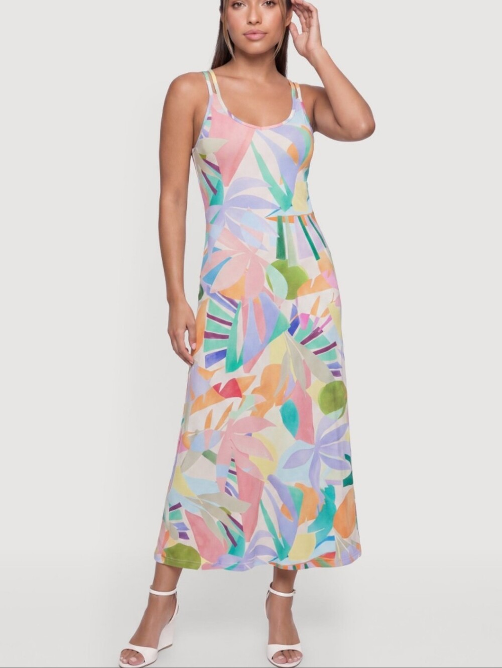 Pastel Abstract Print Sleeveless Maxi Criss Cross Back Dress